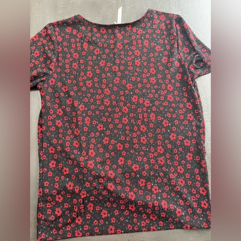 Jo&Co Womens Red Black Floral Ribbed Twist Front Short Sleeve Top Size Large - Picture 6 of 10